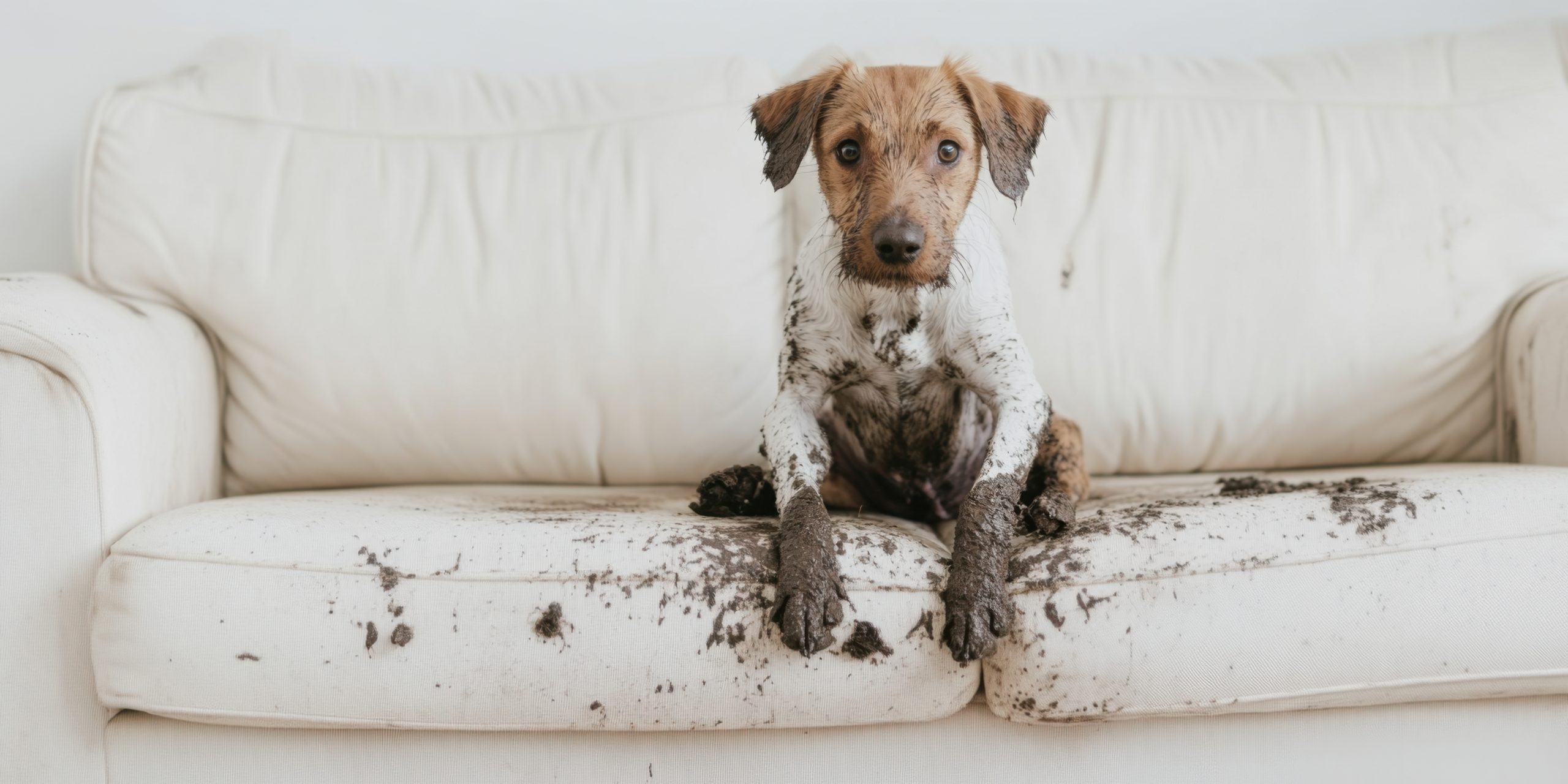 A Messy Dog on a White Couch Creating a Delightful Scene of Fun and Chaos in the Home