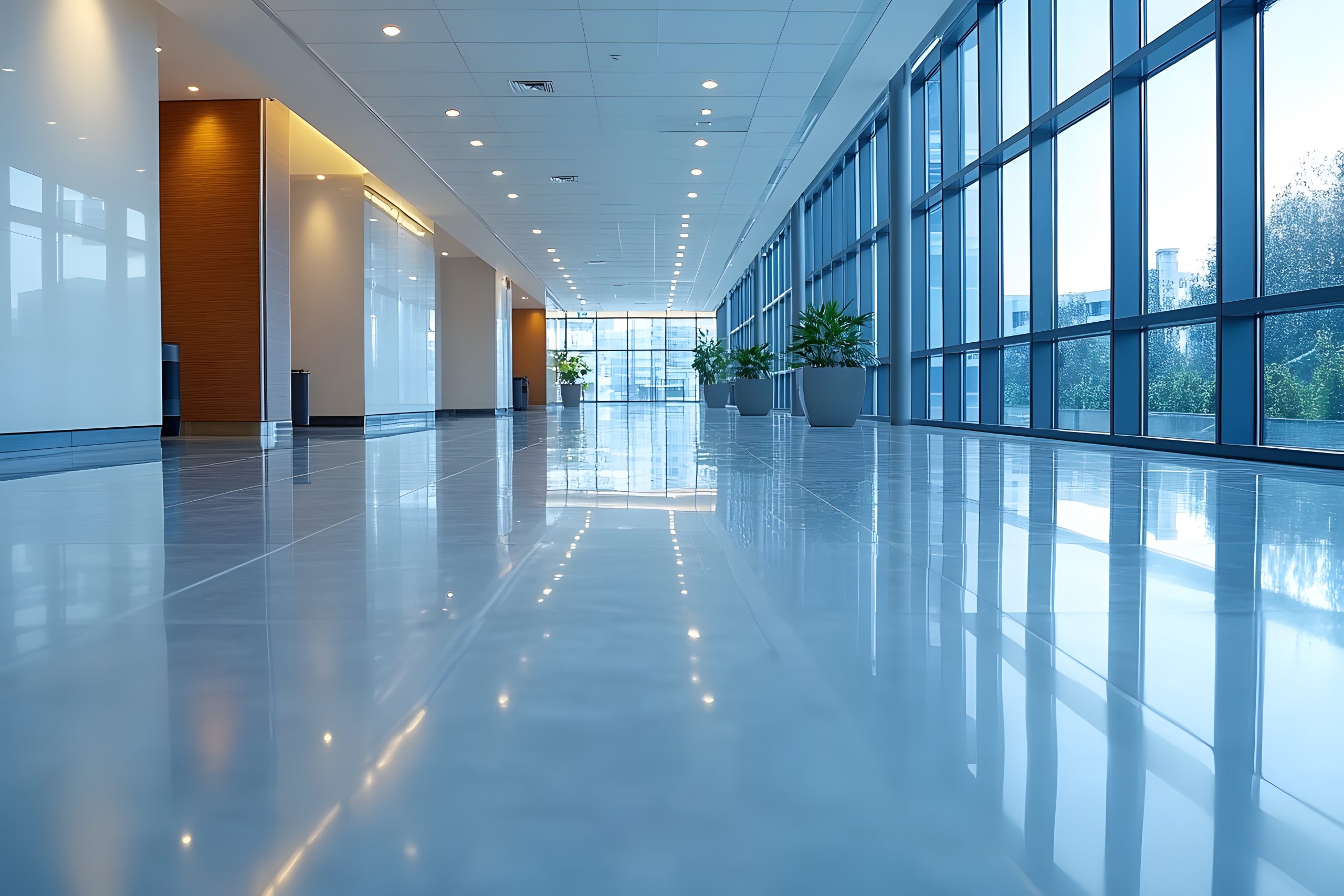 Modern Office Corridor with Large Windows and Reflective Floor for Architectural Design Generative AI